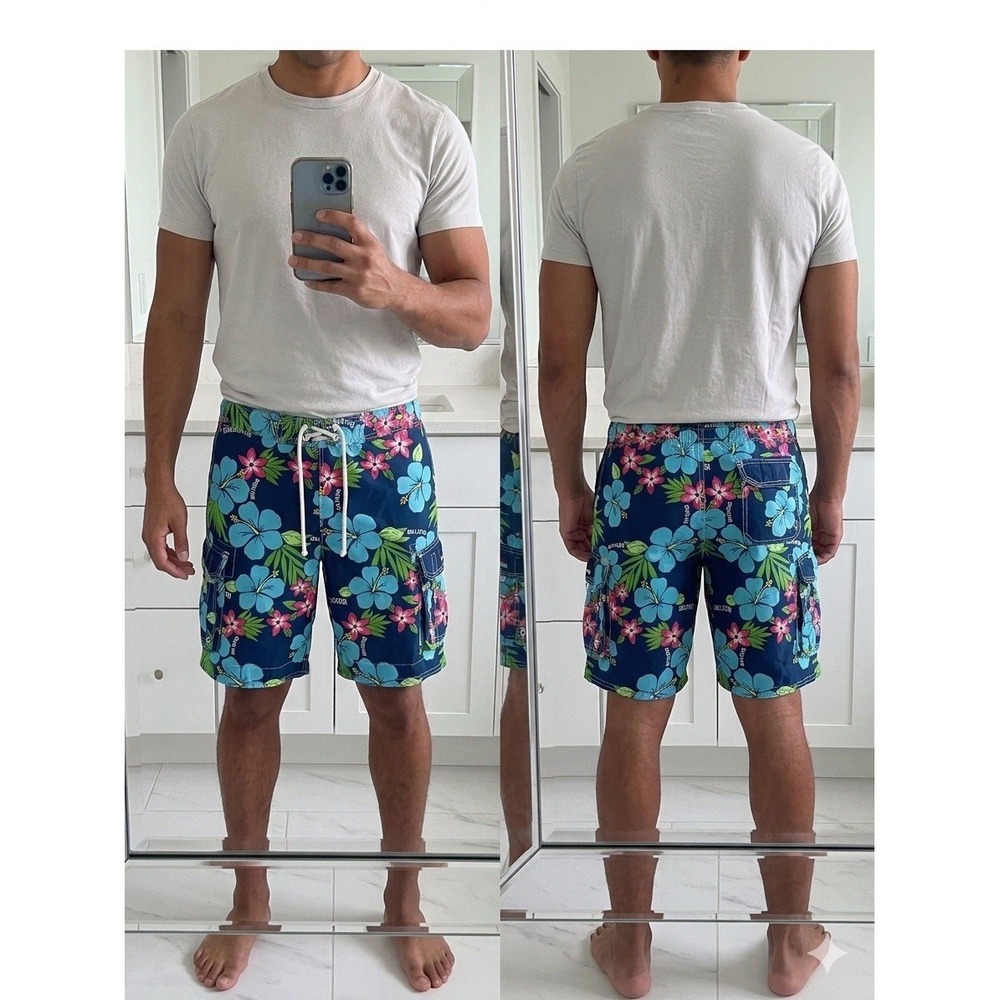 Hollister Mens Blue Hibiscus Floral Cargo Board Shorts‎ Swim Trunks Size L